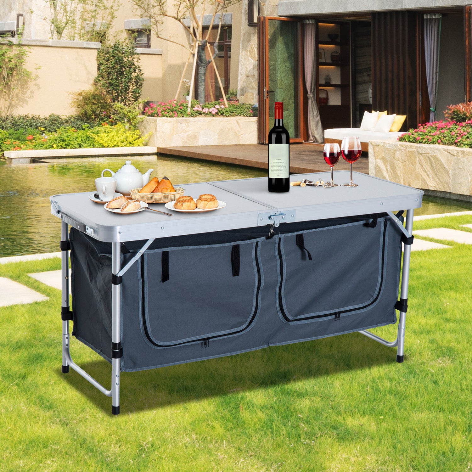 Outsunny Folding Camping Table Height Adjustable Aluminum with Storage